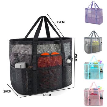2-PCS Black Mesh Beach Tote Bag – Large Capacity Swim Gear Organizer with Multiple Pockets for Shoes, Swimsuits, and Essentials