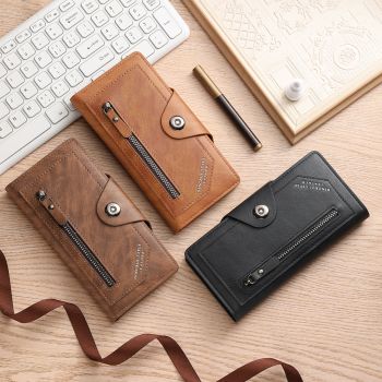 Light coffee Vintage Men's Long Wallet Slim PU Leather Clutch with Multi Card Slots and External Zipper Pocket, Large Capacity Fashion Purse for Daily Use