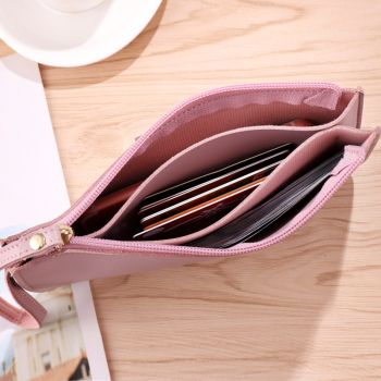 Pink Women's Soft PU Leather Double-Layer Zip Wallet with Wrist Strap – Spacious Card, Cash and Phone Holder for Students and Everyday Use in Australia
