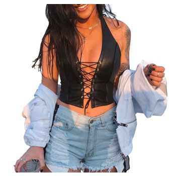 Women's Faux Leather Halter Crop Top Sexy Lace Up Deep V Camisole Gothic Punk Rave Festival Clubwear (Black, Size L)