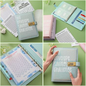100 Envelope Savings Challenge Binder with Password Lock A5 Cash Stuffing Budget Planner Book Money Organizer for Couples (Purple)