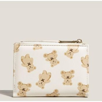 Black Cute Bear Print Bifold Wallet - PU Leather & Polyester Card Holder with Zip Coin Purse & ID Window - Compact Foldable Wallet for Women & Students