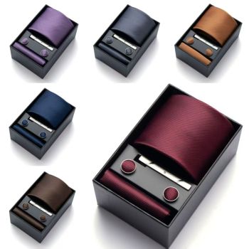 Red Premium Men's 4-Piece Formal Tie Set -  Necktie, Pocket Square, Cufflinks, and Tie Clip in a Luxury Gift Box