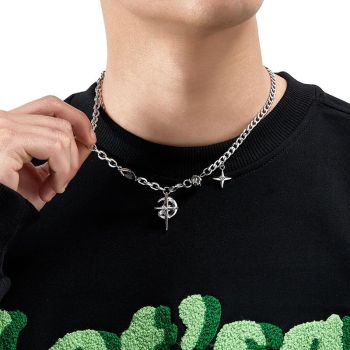 Gothic Cross & North Star Dual-Pendant Splicing Necklace for Men and Women - Titanium Steel Iced Out Cuban Link Chain with Black Gemstone Accents