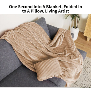 2-in-1 Light Grey Soft Ribbed Flannel Travel Blanket / Folding Zipper Pillow with Luggage Strap & Hook - 40x60 Inch Portable Dual-Layer Fleece Nap Blanket for Airplane Travel Office Camping