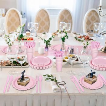 7-Piece Pink Scalloped Party Tableware Set with Floral Wavy Edges – Elegant Disposable Paper Plates 7 / 9 inch, Tissues, Cups & Cutlery Kit for Birthdays Parties and Baby Showers (Serves 50 People)