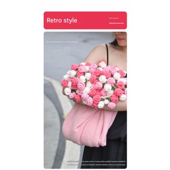 Pink and White Diameter: 120 cm -52 Woven Flowers Handmade Rose Bouquet Knit Blanket - Soft Pink Acrylic Throw with 3D Crochet Flowers - Perfect Gift for Her, Birthday, Valentine's Day, Home Decor