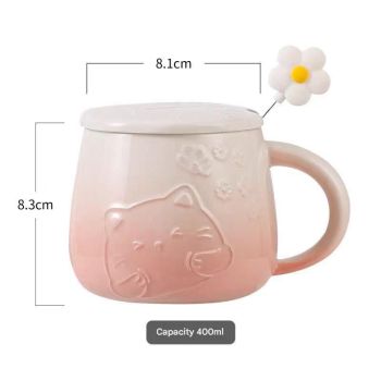 Yellow Gradient Cat Ceramic Mug with Lid and Spoon - 400ml Porcelain Coffee Cup - Adorable 3D Cat Design, Pastel Colour, Gift Box Included - Ideal for Home, Office, or as a Present for Women and Cat Lovers