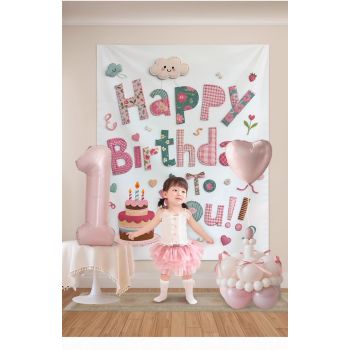 Pink Happy Birthday Backdrop Banner - Reusable Fabric Party Decoration with Colourful Lettering, Photo Background for Birthday,  Celebration