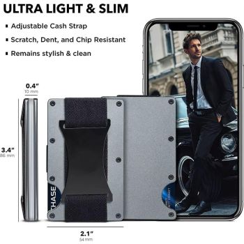 Dark grey Slim RFID Blocking Aluminum Card Holder - Metal Wallet with Cash Strap Minimalist Card Case