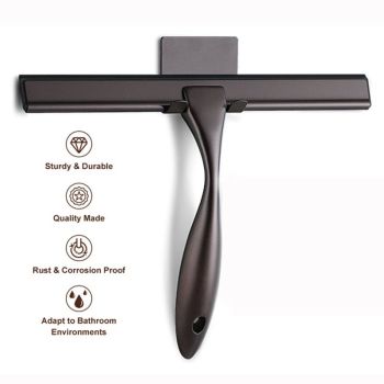 Silver Stainless Steel Glass Squeegee for Car Windshield & Countertop - 10 inch Hydrophobic Window Cleaner and Squeegee Blade with Adhesive Holder Hook & 4 Replacement Silicone Blades