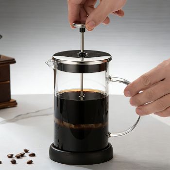 350ML Premium Dual-Layer Borosilicate Glass French Press Coffee Maker with 304 Stainless Steel Lid – High-Density 3D Filter Mesh Cafetiere, Manual Milk Frother and Tea Infuser Pot