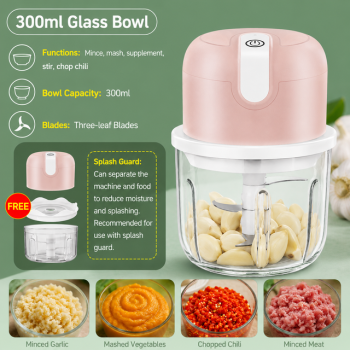 Blue 300ML Electric Mini Food Processor & Garlic Chopper with Glass Bowl, 3 Stainless Steel Blades & USB Charging – Portable Smasher & Meat Grinder for Vegetable,Chili,Fruits,Ginger and Baby Food,Seasoning
