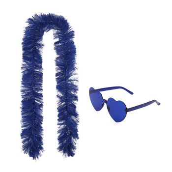 6PCS Festival Party Costume Accessories Set : Heart Shaped Sunglasses and 1.5M Feather Boas - White & Dark Purple & Dark Blue Carnival Dress Up Kit, Colour Coordinated Fun Props for Events Celebrations and Photo Booths