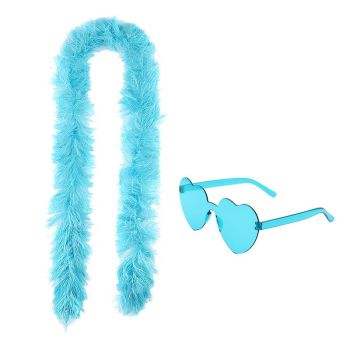 6PCS Festival Party Costume Accessories Set : Heart Shaped Sunglasses and 1.5M Feather Boas - Yellow & Green & Blue Carnival Dress Up Kit, Colour Coordinated Fun Props for Events Celebrations and Photo Booths