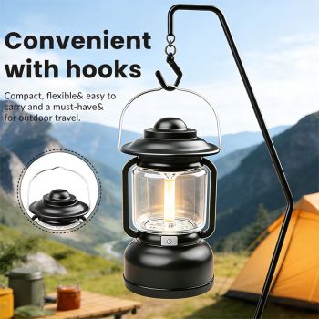 Red Vintage LED Outdoor Camping Lantern with Warm Ambient Light - 7 Lighting Modes, 24H Long Runtime, USB-C Rechargeable, Stepless Dimming and Hanging Tent Light