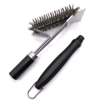 BBQ Grill Cleaning Brush with 3-Row Stainless Steel Wire Bristles, Detachable Handle and Scraper - Heavy Duty BBQ Cleaning Tool for Grill Grates, Smokers and Outdoor Barbecue Use