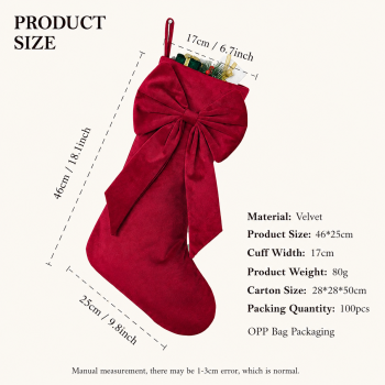 18 Inch Oversized Red Luxury Velvet Christmas Stocking with Bow & Loop, Fireplace Hanging Gift Bag, Holiday Mantel Decor and Present Holder