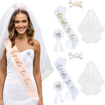 White and Gold Bride to Be Bachelorette Party Accessory Set, 4 Piece Bridal Shower Accessories Kit with Rhinestone Headband, Sash, Badge and Double Layer Veil with Comb