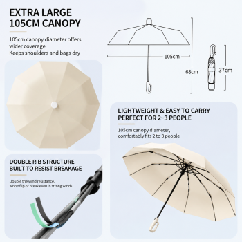 Blue Foldable Automatic Open Umbrella with Retractable Waterproof Sleeve, Clip Handle and Winproof Dual Rib - Lightweight Rain Sun Umbrella, Large Diameter 105cm, Compact 37cm Storage, Flower Pattern Appears When Wet