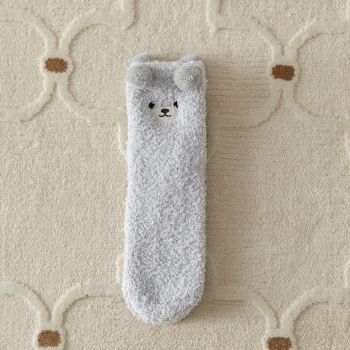 Cozy Winter Home Essentials Set - Grey 1 Pair Women's Plush Cross Band Faux Fur Slippers M Size & 2 Pairs Cute Teddy Bear Fuzzy Socks Set, Warm Indoor Lounge Gift Bundle with Non-Slip House Slides