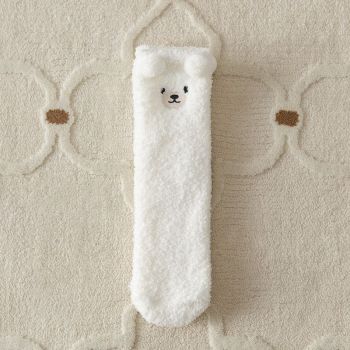 Cozy Winter Home Essentials Set - White 1 Pair Women's Plush Cross Band Faux Fur Slippers L Size & 2 Pairs Cute Teddy Bear Fuzzy Socks Set, Warm Indoor Lounge Gift Bundle with Non-Slip House Slides