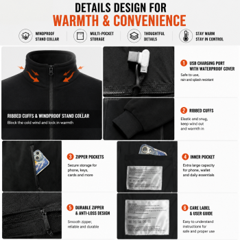 5XL Size Winter USB Heated Windproof Soft Fleece Warm Jacket for Men and Women – 8 Zones Graphene & Carbon Fiber Fast Heating Coat with Front & Back Dual-Control Button and 3 Level Heating, Washable Design, Muti Pockets, Ribbed Cuff & Stand Collar