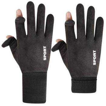 Black Winter Suede Touchscreen Flip-Top Gloves with Extended Cuff Design and Silicone Anti-Slip Palm – Windproof Thickened Thermal Riding Gloves for Motorcycle Driving and MTB Road Cycling