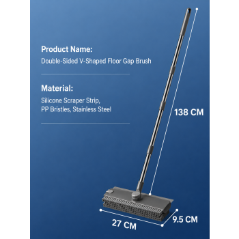 Grey and White 360°Rotating Detachable V-Shaped Floor Scrub Brush for Indoor & Outdoor Use – 3-in-1 Groove Corner Gap Cleaning Tool with Silicone Squeegee, 134CM Stainless Steel Telescopic Handle and Collection Clip