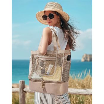 16.5 x 7.9 x 18.9" Black Beach Travel Mesh Tote Bag with 14L Insulated Drink Compartment - Multi Pockets Sandproof Beach Picnic Bag with Picnic Mat Strap, Cup Holder and Waterproof Phone Pocket