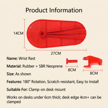2 Pack Black Red 180° Rotating Ergonomic Arm Rest for Desk – Clamp On Computer Wrist & Elbow Support, No-Drill Installation (27×14cm)