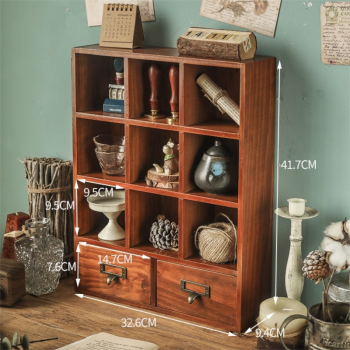 Vintage Wooden 9-Grid Open Desktop Organizer with Double Drawers and Durable Metal Handle – Handcrafted Retro Storage Cabinet and Decorative Lifestyle Piece for Office & Home