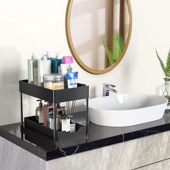Black Under Sink Organizer with Pull-Out Drawer, 4 Hooks and Hanging Cup - 2 Tier Cabinets Storage Rack for Kitchen & Bathroom, Tool-Free Assembly, Fits Full-Size Cleaning Supplies & Toiletries, Space Saving