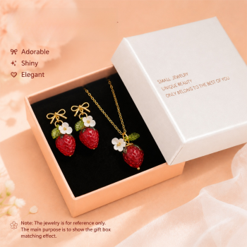 Cute Crystal Strawberry Pendant Jewelry Set for Women with Flower Berries Leaves Design Hook Earrings and Necklace - Vintage Gold Plated Fruit Charm Accessories Gift Box for Daily Wear, Parties, Dates and Occasions