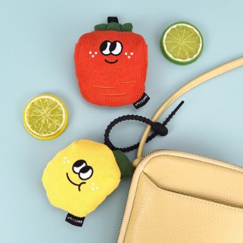 Portable Cute Lemon Corduroy Storage Pouch with Zipper and Hidden Folding Shopping Bag - Lightweight Reusable Eco Grocery Tote Bag with Fruit Charm for Shopping, Travel, Books, iPad and Daily Essentials