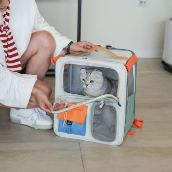 Brown and Grey Large Space Pet Carrier Backpack – Foldable Cat Carrier Bag with Breathable Side Mesh & View Window, Storage Pocket and Removable Bottom Pad for Dog and Cat, 42 x 36 x 27CM