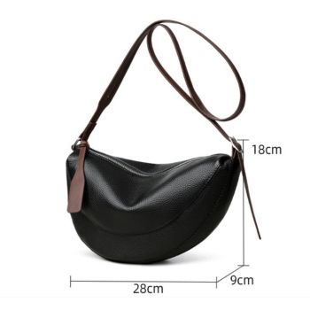 Yellow Stylish Genuine Leather Crescent Shape Shoulder Bag for Women – Compact Grained Cowhide Adjustable Crossbody Handbag with Spacious Zipper Compartment and Leather Puller, 28 x 18 x 9 CM