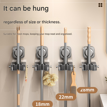 2-piece Grey V-Shaped Floor Scrub Brush and Suction Mop Holder Set - 360 Rotating Grout Cleaner, Heavy Duty Bristles, No Drill Wall Mount Storage, Space Saving Bathroom Cleaning Kit for Tiles and Corners