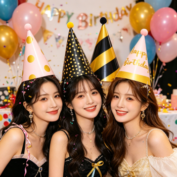 12-piece Birthday Party Hats Set - Gold Pink and Black Paper Cone Hats with Pom Pom Tops, Fun Party Table Decorations, Celebration Accessories for Birthday Events and Themed Gatherings