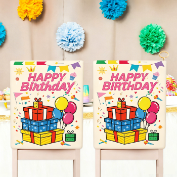 4 pcs Cartoon half chair covers birthday（Happy birthday*4） - Stretch Dining Chair Back Cover with Gift Print Decorative Slipcover for Birthday Party Home Dining Room Decoration chair back covers party