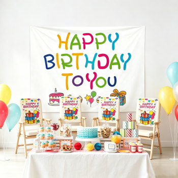 5 pcs Birthday Party Decoration Set - Happy Birthday Backdrop Banner with 4 pcs Chair Covers, Cartoon Polyester Party Decor Kit
