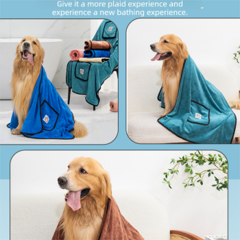 Blue 100*50cm icrofibre Pet Bath Towel with Hand Pockets - Super Absorbent Quick Dry Dog and Cat Drying Towel, Soft Grooming Blanket for Bathing, Cleaning and Everyday Pet Care