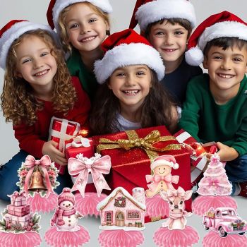9 pcs Pink Christmas Honeycomb Table Centrepiece Set - 3D Paper Decorations with Reindeer and Snowman Designs for Holiday Party Styling