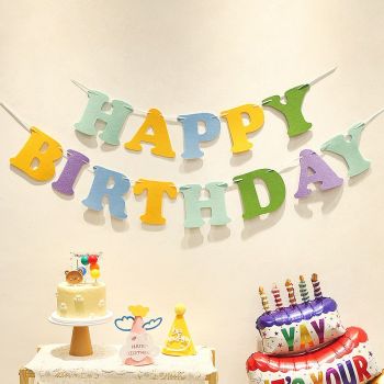 3-pcs Birthday Party Decoration Set with 2-pack Smiley Daisy Balloon Centerpieces & Blue and Green Happy Birthday Felt Banner, Birthday Party Decor Kit, Photo Booth Backdrop Supplies