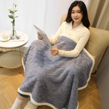 Blue 90×140cm Textured bar knit pattern Sherpa Fleece and Taffeta Throw Blanket – Soft Loungewear Shawl, Warm Office & Sofa Wrap for Winter Comfort