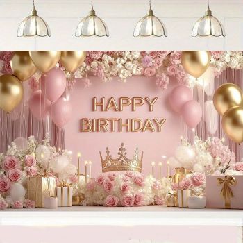 180×115cm Pink Printed with a pattern of flowers, balloons, and a crown Happy Birthday Backdrop – Premium Indoor Party Decoration Polyester Wall Banner