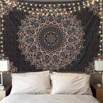 Pink Cat Ear Sunset Projection Lamp and  150x200cm Black Mandala Tapestry Combo - USB Powered ABS Mini Light withPolyester Wall Hanging for Bedroom, Living Room & Photography Ambiance