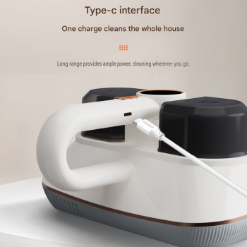 White Wireless Handheld Mite Remover Vacuum - Dual Cup Strong Suction UV Sterilization High Frequency Tapping Portable Bed Sofa Cleaner for Home