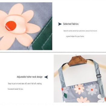 Green grass and small white flower pattern Waterproof Kitchen Apron - Oil Resistant Fabric with Adjustable Neck Strap, Large Front Pocket, 70cm Length, for Cooking and Home Cleaning