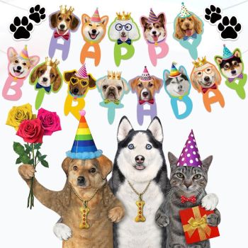 Pink Dog Birthday Party Decoration Set - Puppy Themed Banner, Adjustable Party Hat, Sequin Bow Tie and Bandana Scarf for Pet Celebration